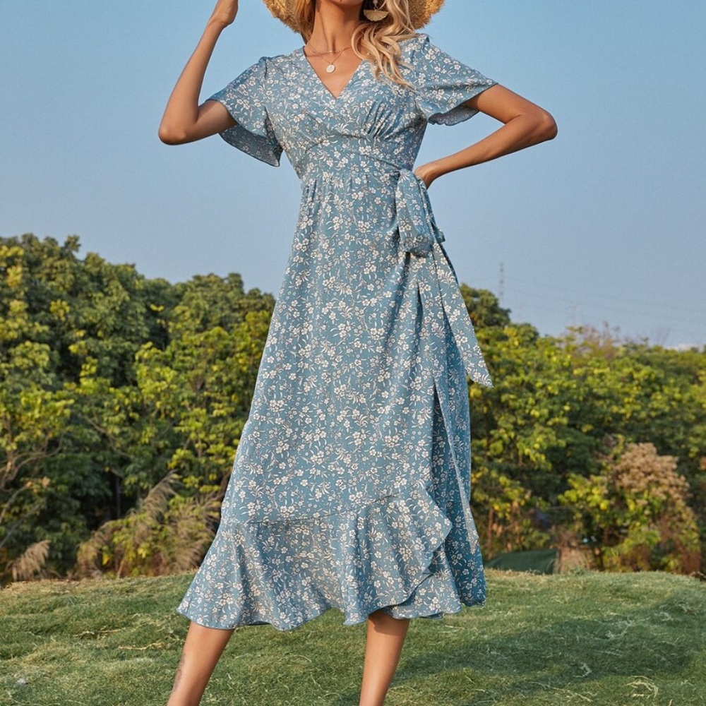 Boho Floral Print Belted V neck Ruffle Midi Dress - Picture 8 of 11